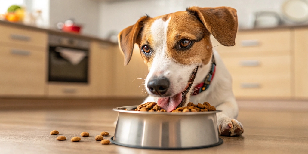 Dog eating from bowl